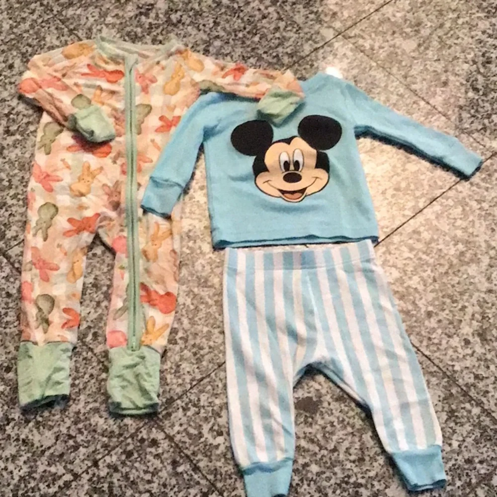 Disney light blue Mickey top with striped pants and a bunny print footie